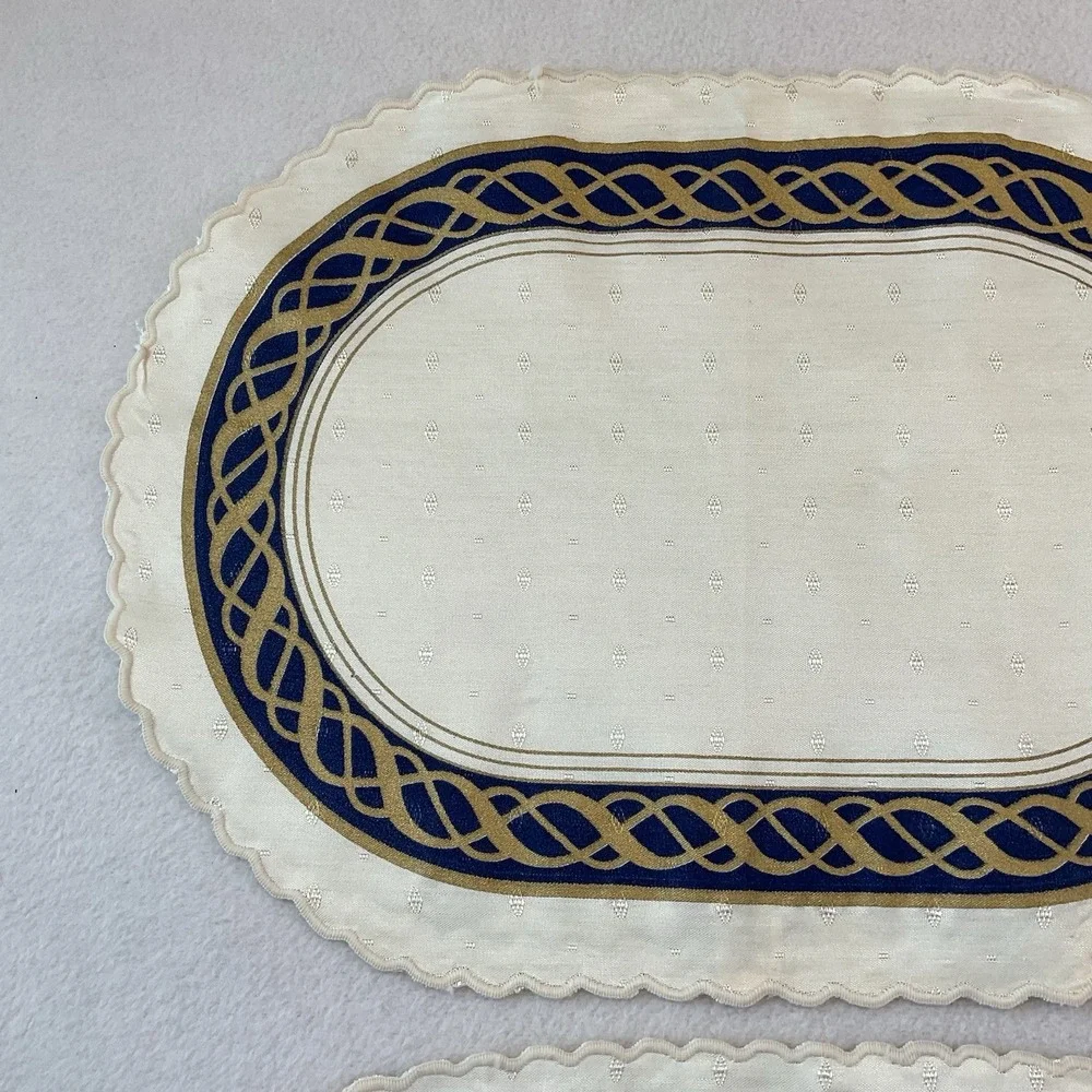 Lenox Hamilton Oval Placemats Cloth Set Of 2 Ivory Gold Navy Blue Vintage Lot #6